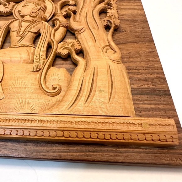 Vintage Hand-carved Teak Wood Raised Relief Hindu Goddess Small Wall Art Panel - Picture 10 of 10